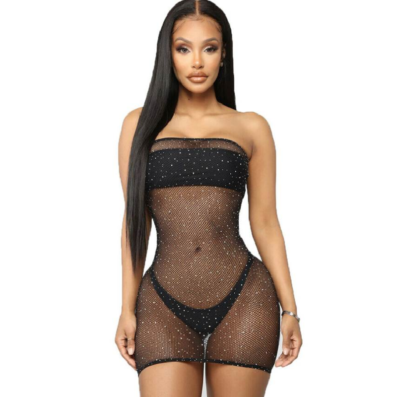 QUEEN LINGERIE - NET BODY DRESS WITH DIAMONDS S/L - 5
