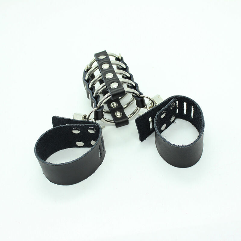 OHMAMA FETISH - CAGE À PÉNIS AVEC ANNEAUX MÉTALLIQUES ET SANGLES EN CUIR