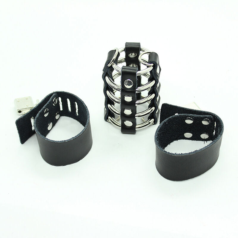 OHMAMA FETISH - CAGE À PÉNIS AVEC ANNEAUX MÉTALLIQUES ET SANGLES EN CUIR