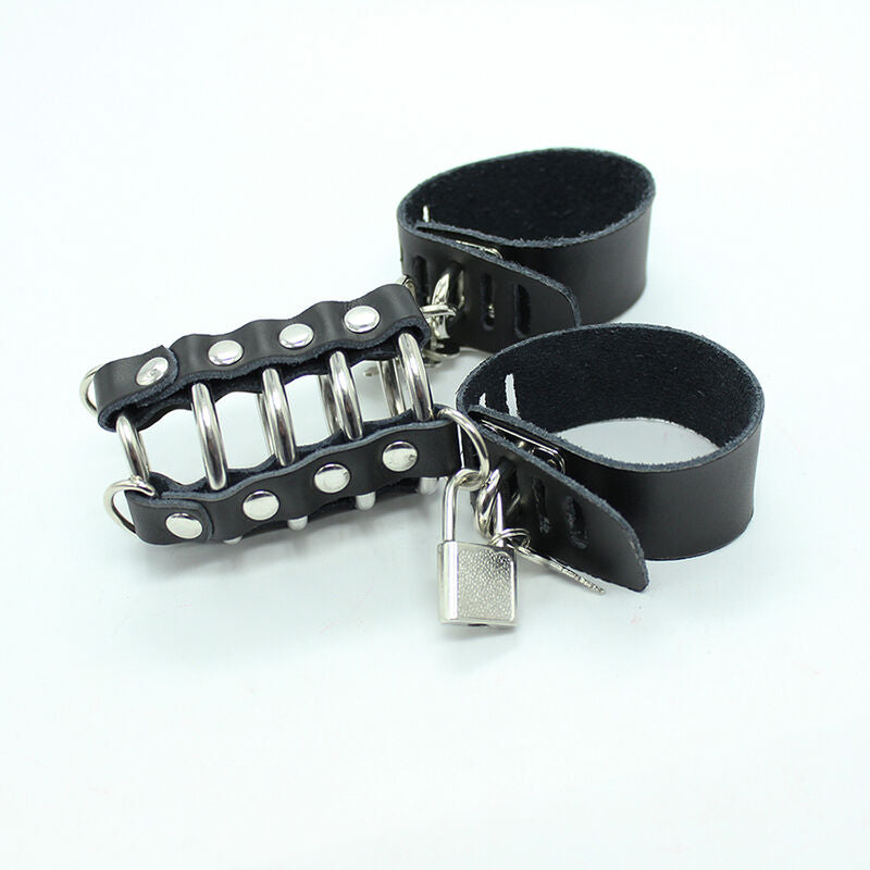 OHMAMA FETISH - CAGE À PÉNIS AVEC ANNEAUX MÉTALLIQUES ET SANGLES EN CUIR