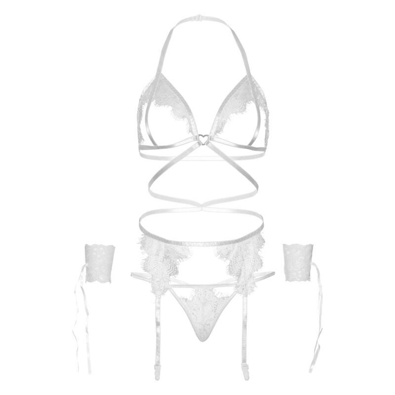 LEG AVENUE - FOUR PIECES SET BRA, G-STRING, GARTER BELT & WRIST CUFFS ONE SIZE - WHITE - 4