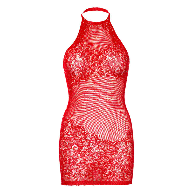 LEG AVENUE - RHINESTONE HALTER MINI DRESS ONE SIZE - WHITE - RED - 3
