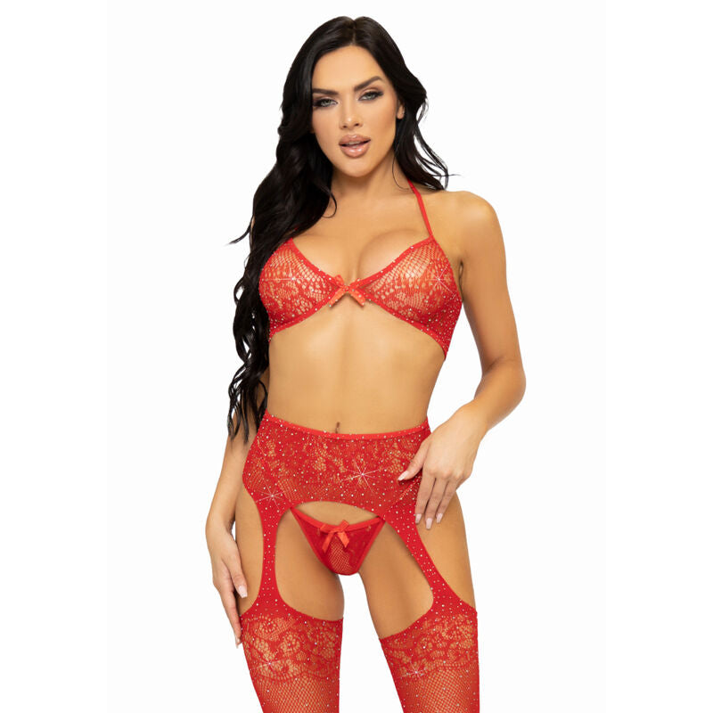 LEG AVENUE - THREE PIECES SET BRA, STRING AND STOCKING ONE SIZE - RED - RED - 4