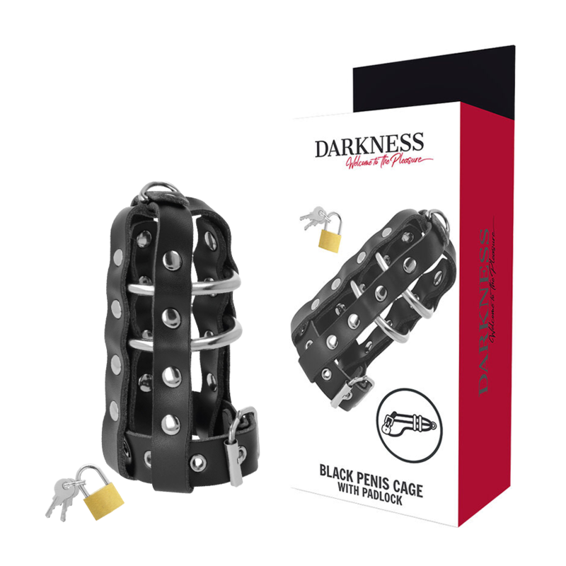 DARKNESS - LEATHER CHASTITY CAGE WITH LOCK - 5