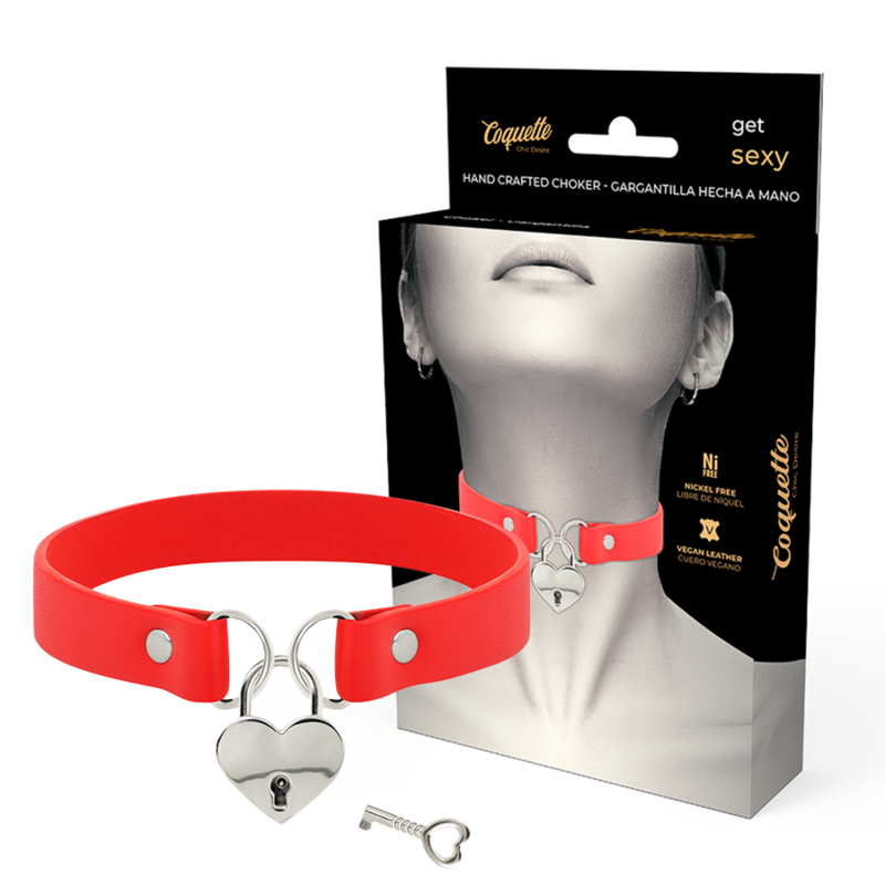 COQUETTE CHIC DESIRE - RED VEGAN LEATHER NECKLACE WITH HEART ACCESSORY WITH KEY - 1