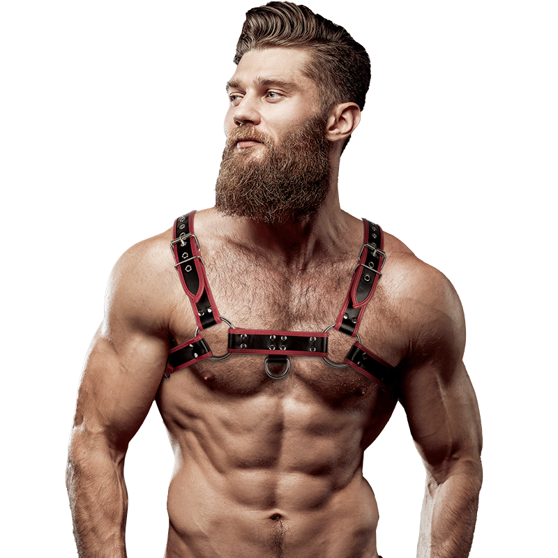 FETISH SUBMISSIVE ATTITUDE - MENS ECO-LEATHER CHEST HARNESS BLACK/RED - 2
