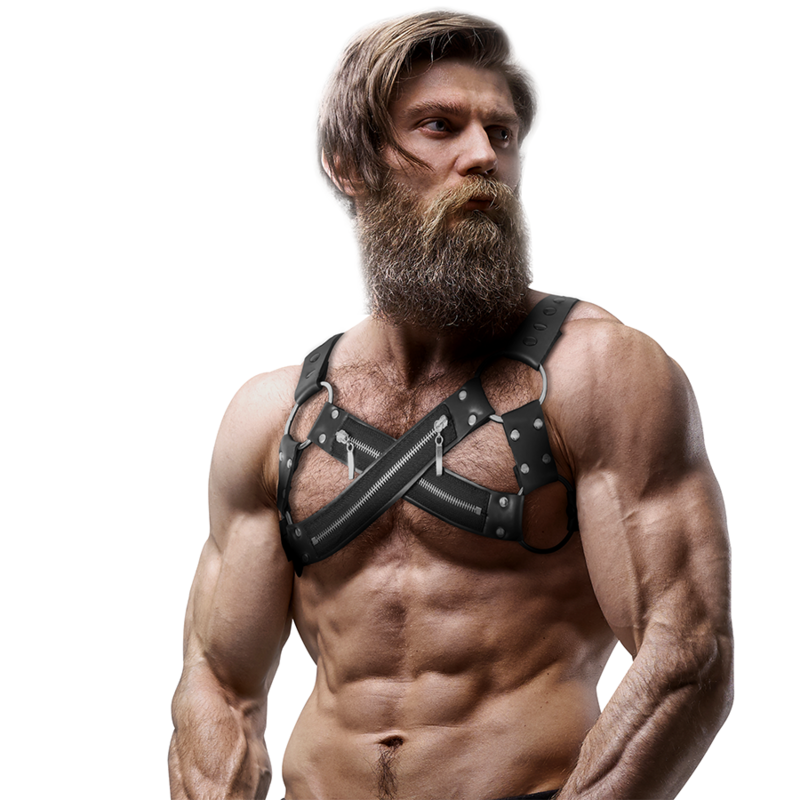 FETISH SUBMISSIVE ATTITUDE - ADJUSTABLE NEOPRENE CROSS-OVER CHEST BULLDOG HARNESS WITH ZIPPERS FOR MEN - 4