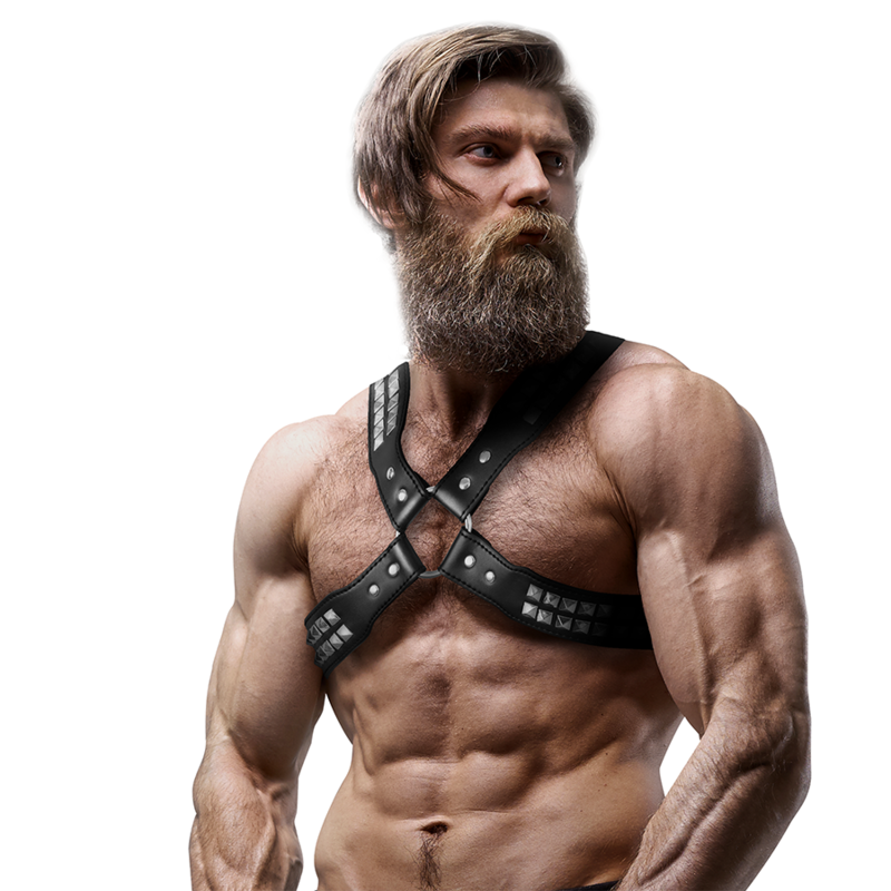 FETISH SUBMISSIVE ATTITUDE - MENS CROSSED CHEST ECO-LEATHER HARNESS WITH RIVETS - 4