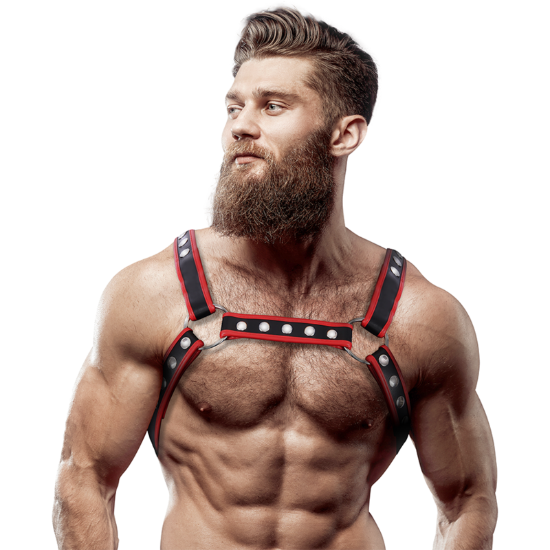 FETISH SUBMISSIVE ATTITUDE - MENS ECO-LEATHER CHEST BULLDOG HARNESS BLACK/RED - 1