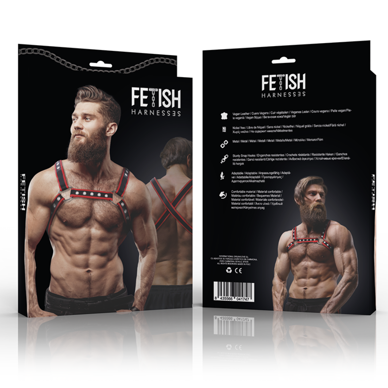 FETISH SUBMISSIVE ATTITUDE - MENS ECO-LEATHER CHEST BULLDOG HARNESS BLACK/RED - 2