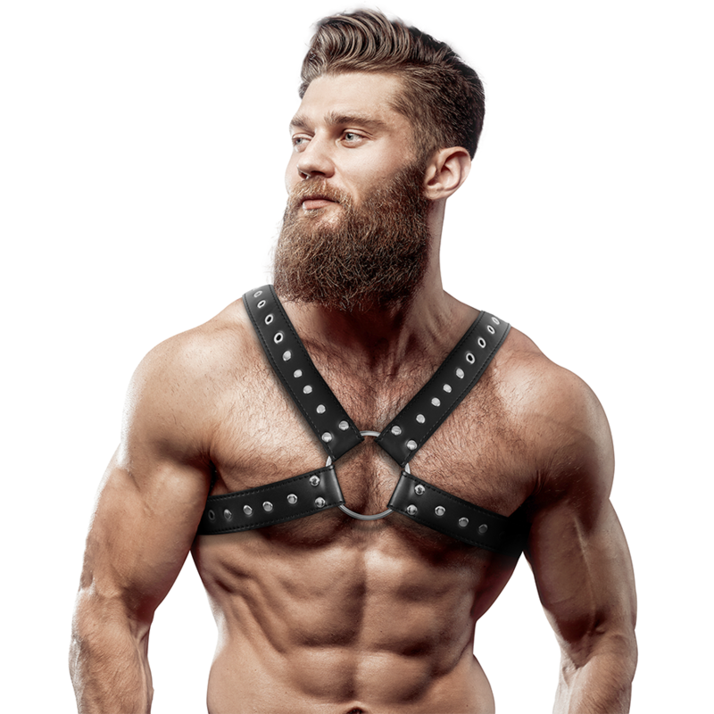 FETISH SUBMISSIVE ATTITUDE - MENS CROSS-OVER ECO-LEATHER CHEST HARNESS WITH STUDS - 1