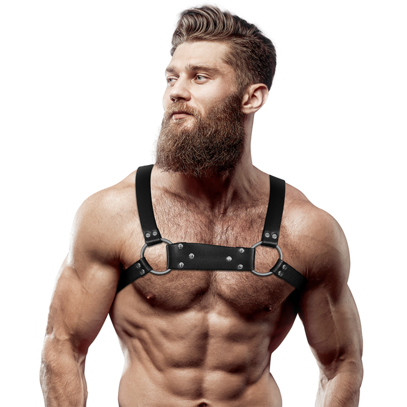 FETISH SUBMISSIVE ATTITUDE - MENS ECO-LEATHER BULLDOG CHEST HARNESS SIZE M/L - 1