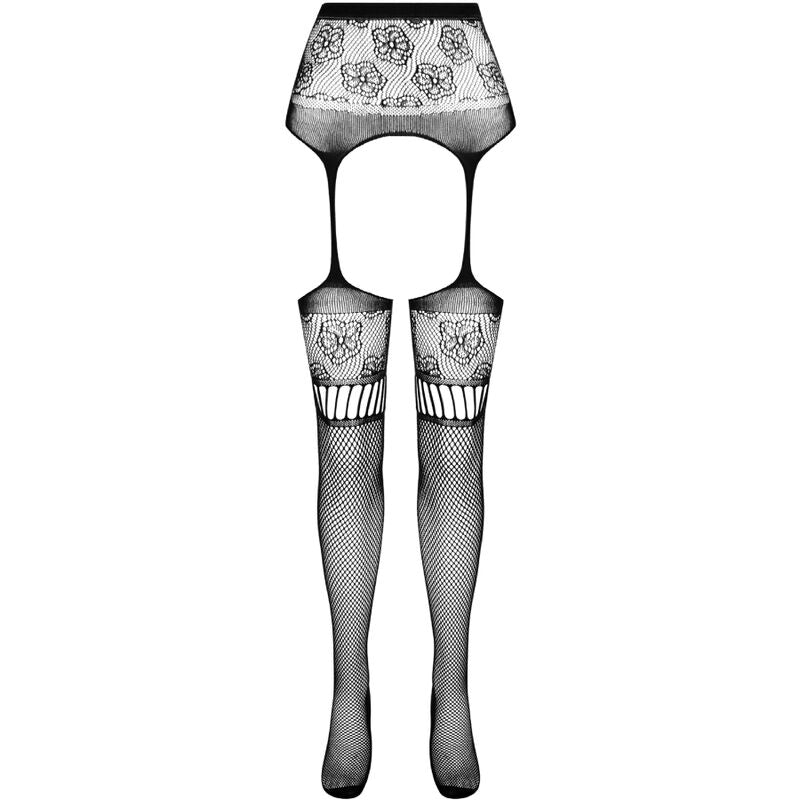 PASSION - S030 WHITE STOCKINGS WITH GARTER ONE SIZE - BLACK - 6