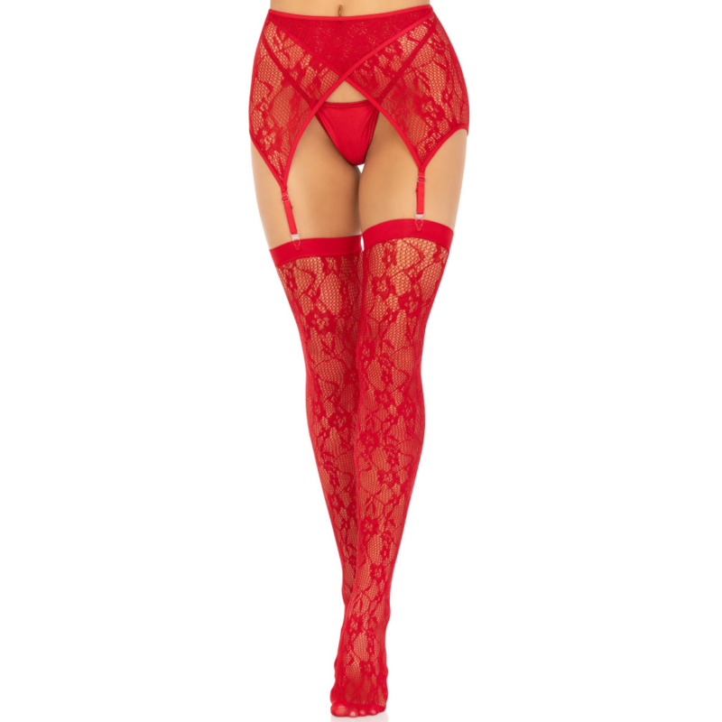 LEG AVENUE - LACE THIGH HIGHS & GARTERBELT RED - BLACK - 7