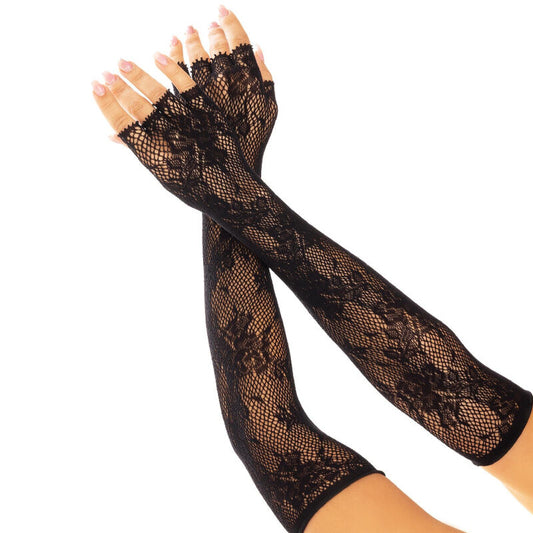 LEG AVENUE - FLORAL NETWORK FINGERLESS GLOVES WHITE - BLACK - 1