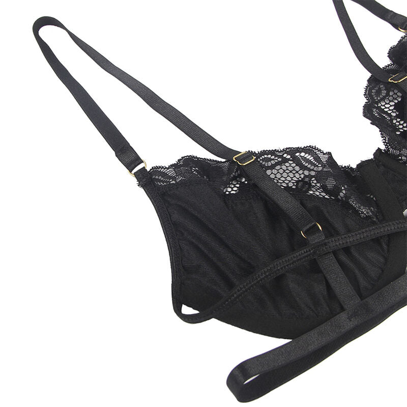SUBBLIME - 3-PIECE SET BRA + THONG + GARTER IN BLACK LACE L/XL