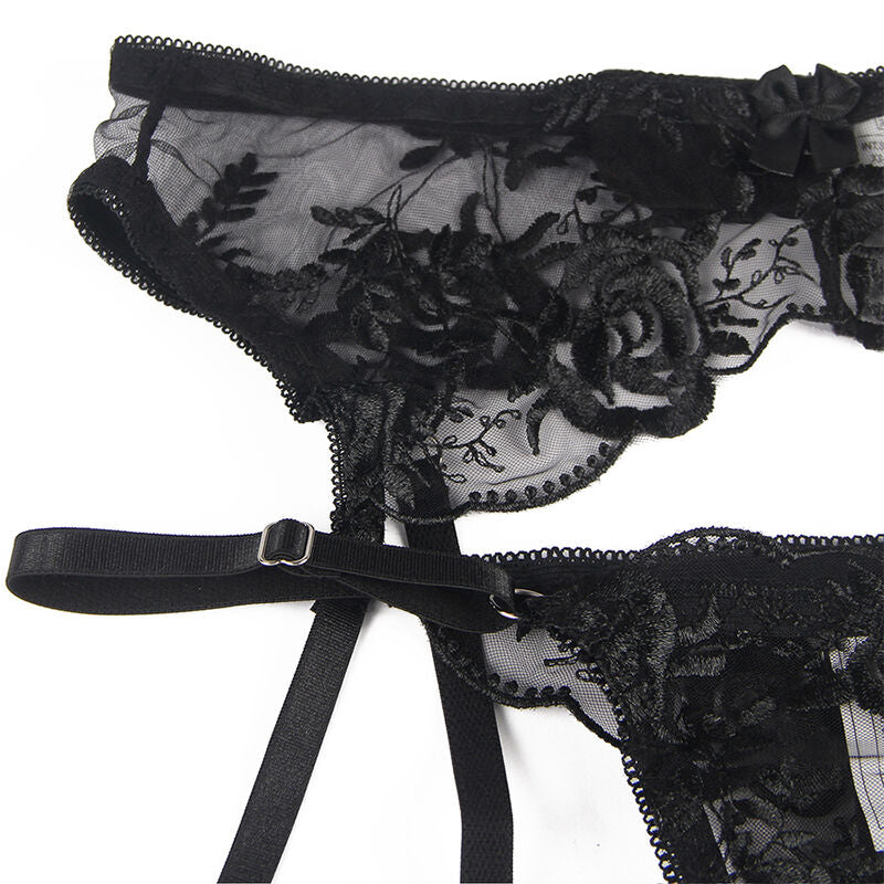 SUBBLIME - SET OF 3 PIECES BRA + THONG + GARTER FLORAL PRINT BLACK L/XL - 1