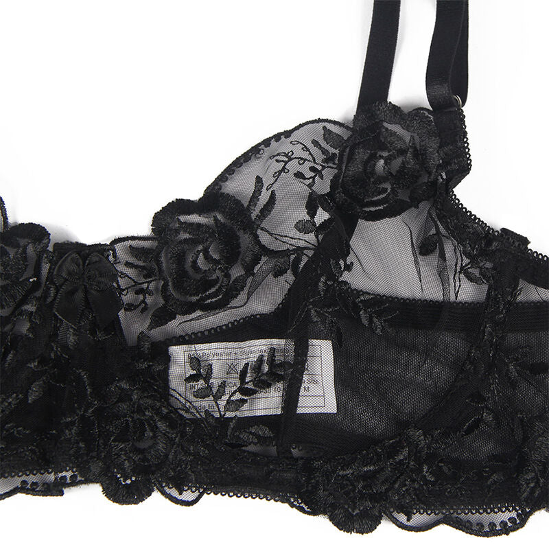 SUBBLIME - SET OF 3 PIECES BRA + THONG + GARTER FLORAL PRINT BLACK L/XL - 7