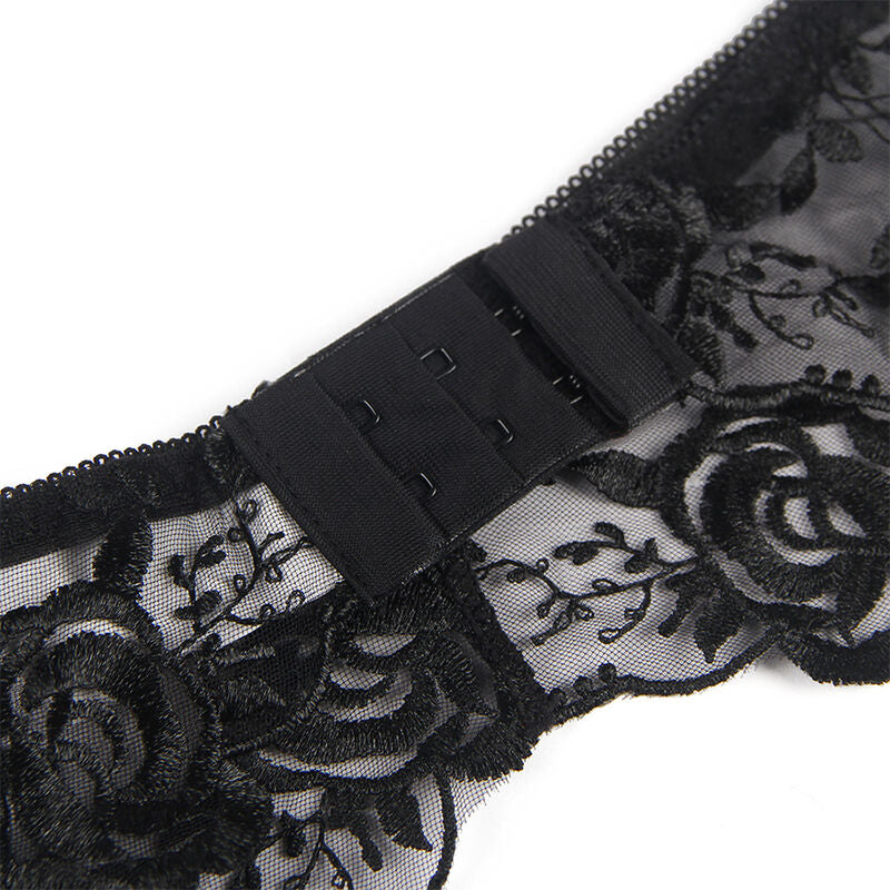 SUBBLIME - SET OF 3 PIECES BRA + THONG + GARTER FLORAL PRINT BLACK L/XL - 8