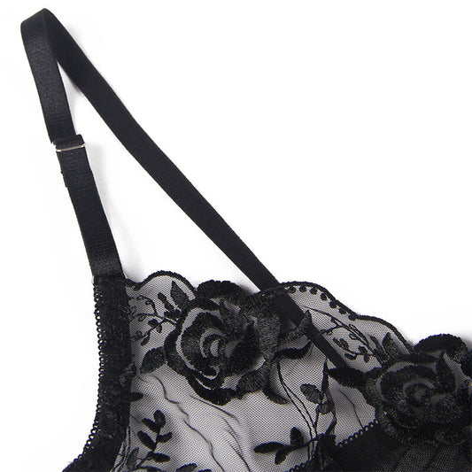 SUBBLIME - 3-PIECE SET BRA + THONG + GARTER FLORAL PRINT BLACK L/XL