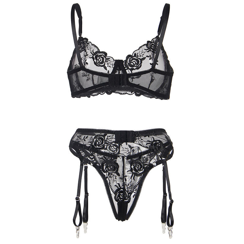 SUBBLIME - SET OF 3 PIECES BRA + THONG + GARTER FLORAL PRINT BLACK L/XL - 11