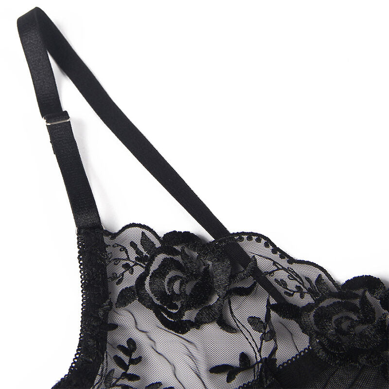 SUBBLIME - SET OF 3 PIECES BRA + THONG + GARTER FLORAL PRINT BLACK L/XL - L/XL - 26