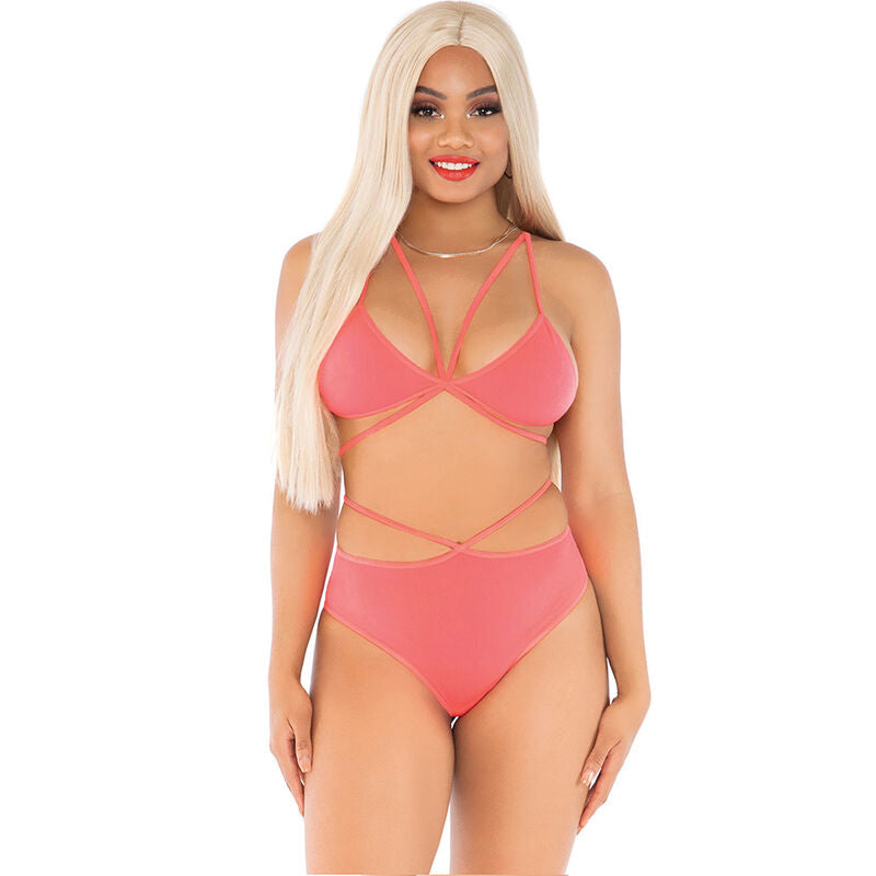 LEG AVENUE - TOP & PANTIES CORAL WITH STRAPS - CORAL - 5