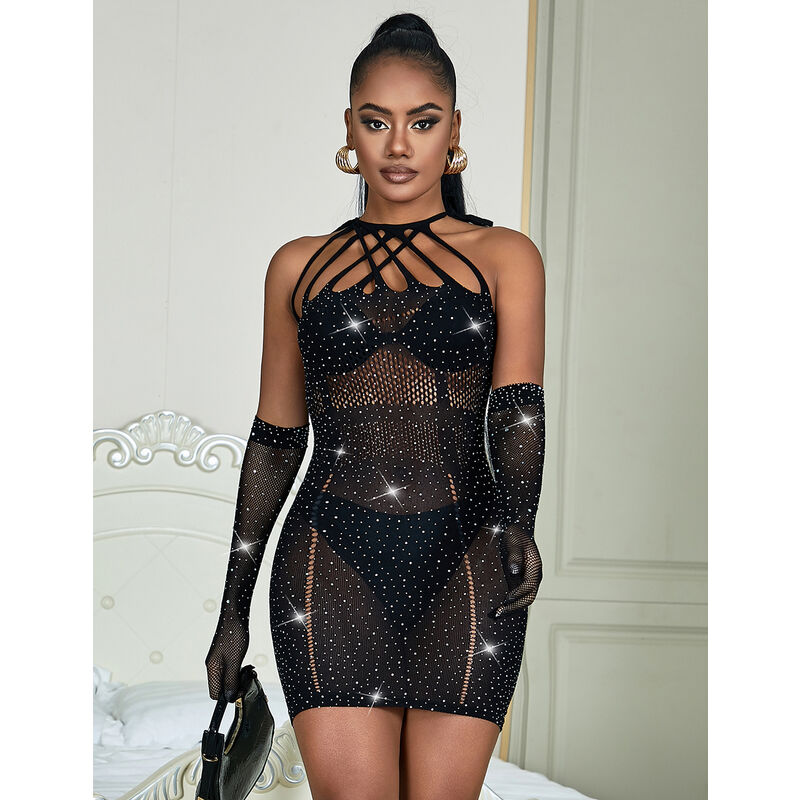 SUBBLIME - 952235 FISHNET DRESS WITH RHINESTONES BLACK ONE SIZE - 6