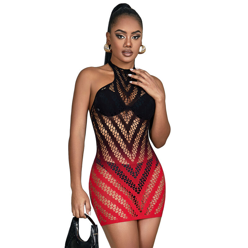 SUBBLIME - 952242 RED AND BLACK DEGRADED ELASTIC FISHNET DRESS ONE SIZE - 1
