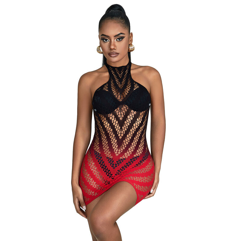 SUBBLIME - 952242 RED AND BLACK DEGRADED ELASTIC FISHNET DRESS ONE SIZE - 5