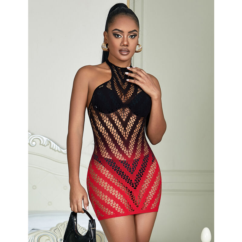 SUBBLIME - 952242 RED AND BLACK DEGRADED ELASTIC FISHNET DRESS ONE SIZE - 7
