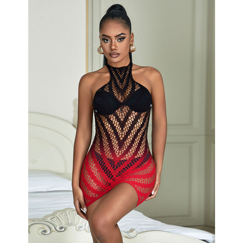 SUBBLIME - 952242 RED AND BLACK DEGRADED ELASTIC FISHNET DRESS ONE SIZE - 10