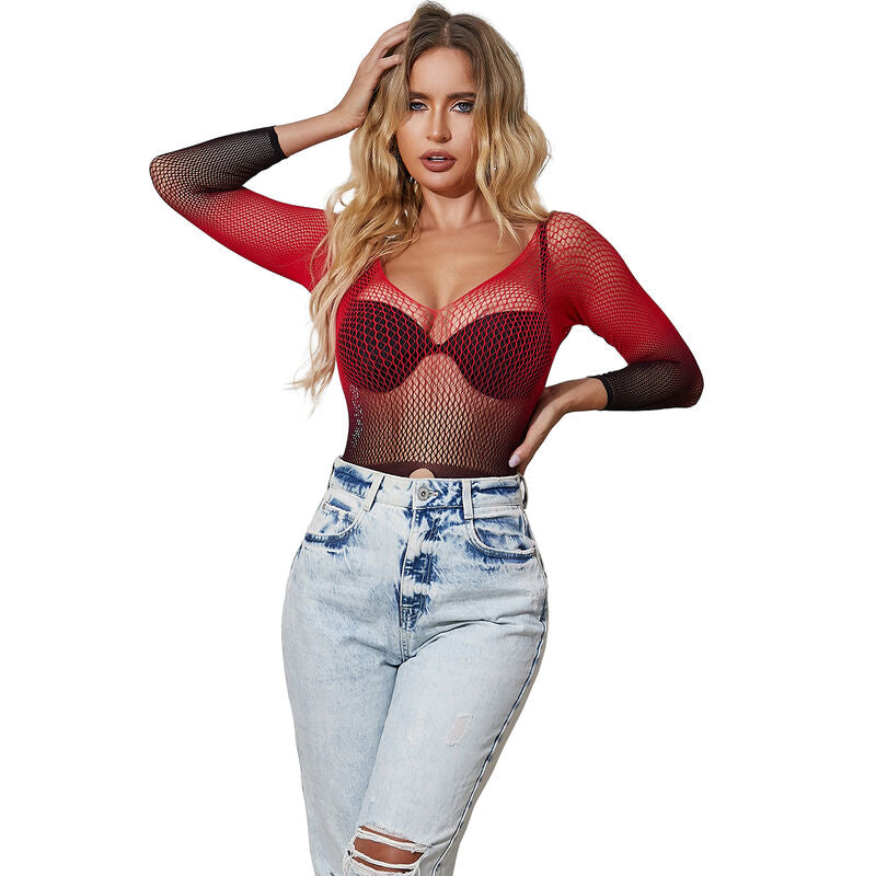 SUBBLIME - 952259 RED AND BLACK GRADIENT LONG SLEEVE ELASTIC FISHNET DRESS ONE SIZE - 6