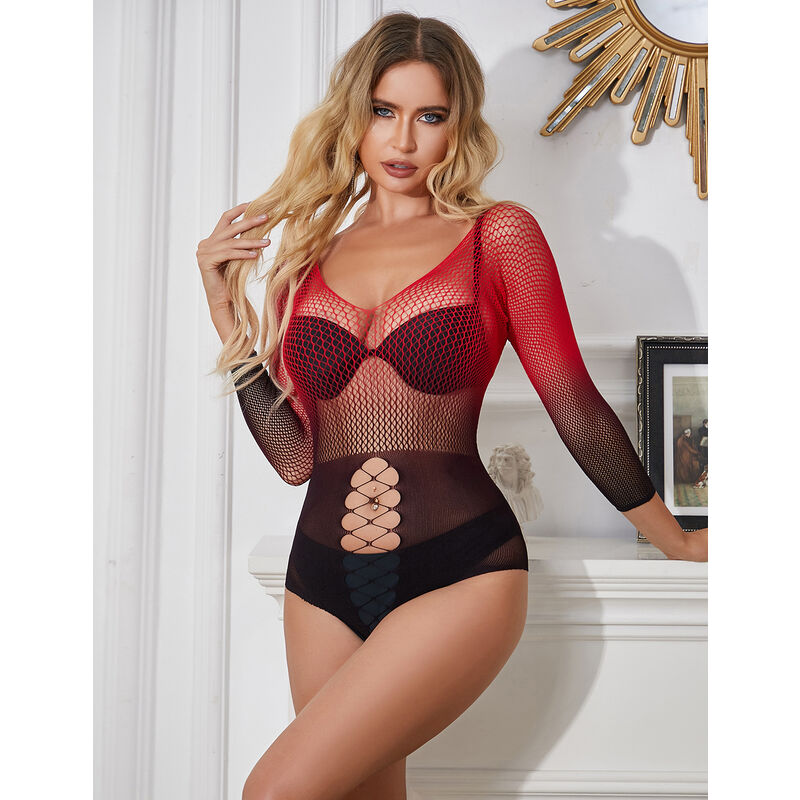 SUBBLIME - 952259 RED AND BLACK GRADIENT LONG SLEEVE ELASTIC FISHNET DRESS ONE SIZE - 7