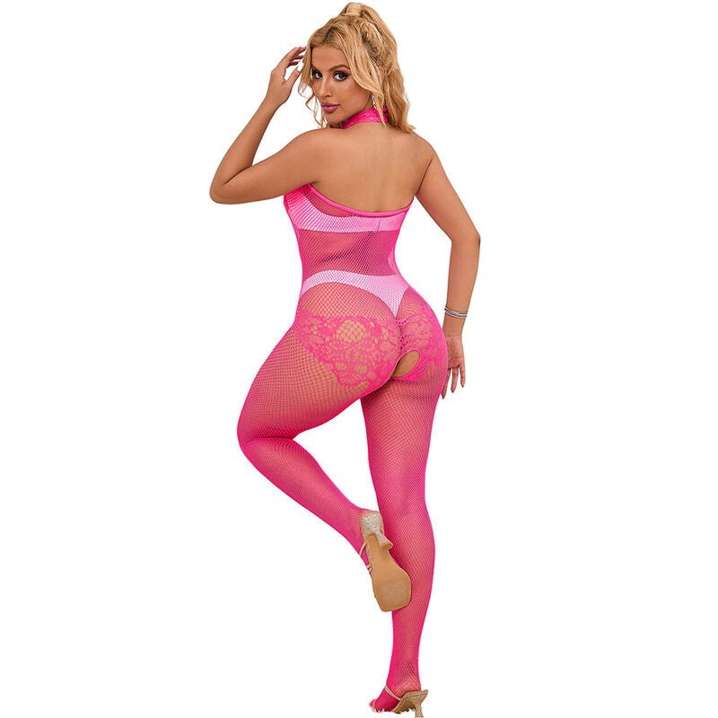 SUBBLIME - 952389 BODYSTOCKING RÉSILLE ET DENTELLE SANS FOURCHE AVEC COL MONTANT ROSE TAILLE UNIQUE
