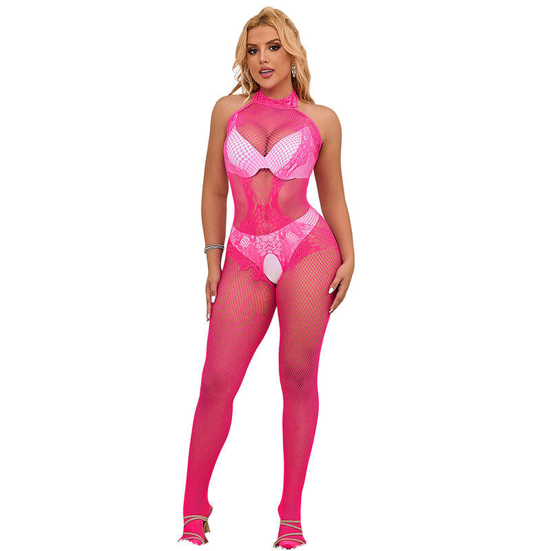 SUBBLIME - 952389 FISHNET AND LACE CROTCHLESS BODYSTOCKING WITH HIGH NECK PINK ONE SIZE - 7