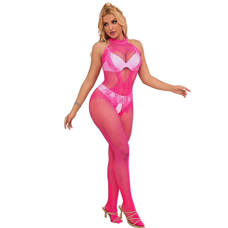 SUBBLIME - 952389 FISHNET AND LACE CROTCHLESS BODYSTOCKING WITH HIGH NECK PINK ONE SIZE - 11
