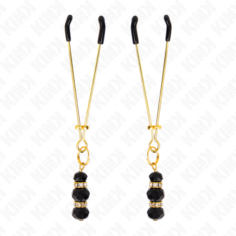 KINK - GOLD THIN NIPPLE CLAMPS WITH 3 BLACK GLASS BEADS 7 CM - 4