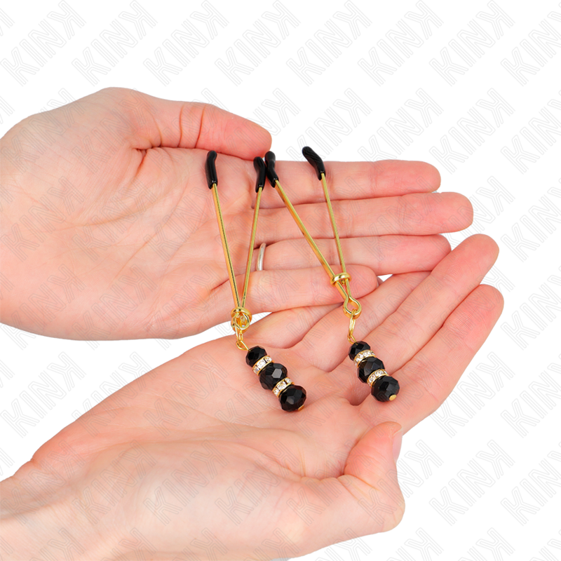 KINK - GOLD THIN NIPPLE CLAMPS WITH 3 BLACK GLASS BEADS 7 CM - 1