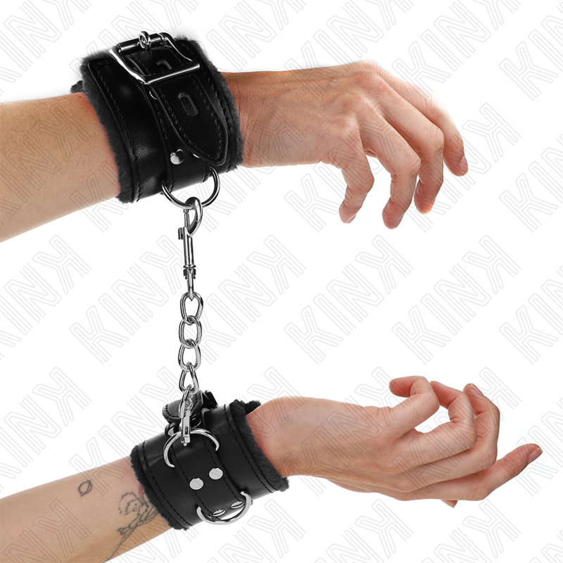 KINK - FUR LINED WRIST RESTRAINTS BLACK WITH BLACK BELT ADJUSTABLE 17-29 CM X 6 CM - 4