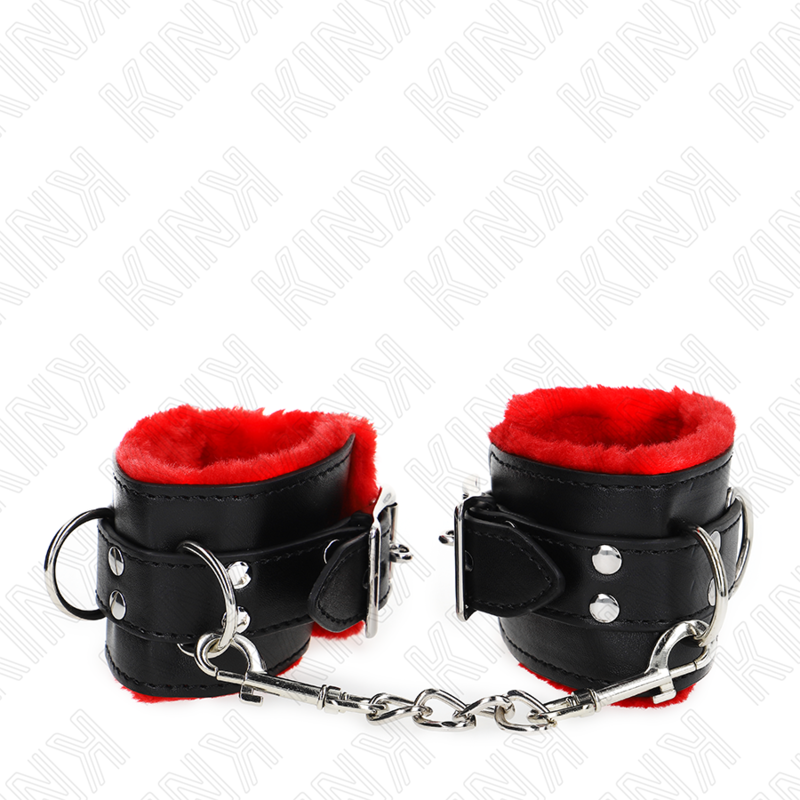 KINK - POLSINI IMBOTTITI IN PELLICCIA CON FORI QUADRI CINTURA ROSSA E NERA REGOLABILE 17-29 CM X 6 CM - Secretroomsexyshop