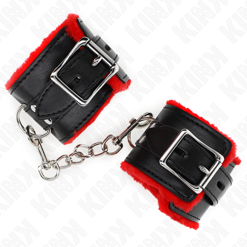 KINK - POLSINI IMBOTTITI IN PELLICCIA CON FORI QUADRI CINTURA ROSSA E NERA REGOLABILE 17-29 CM X 6 CM - Secretroomsexyshop