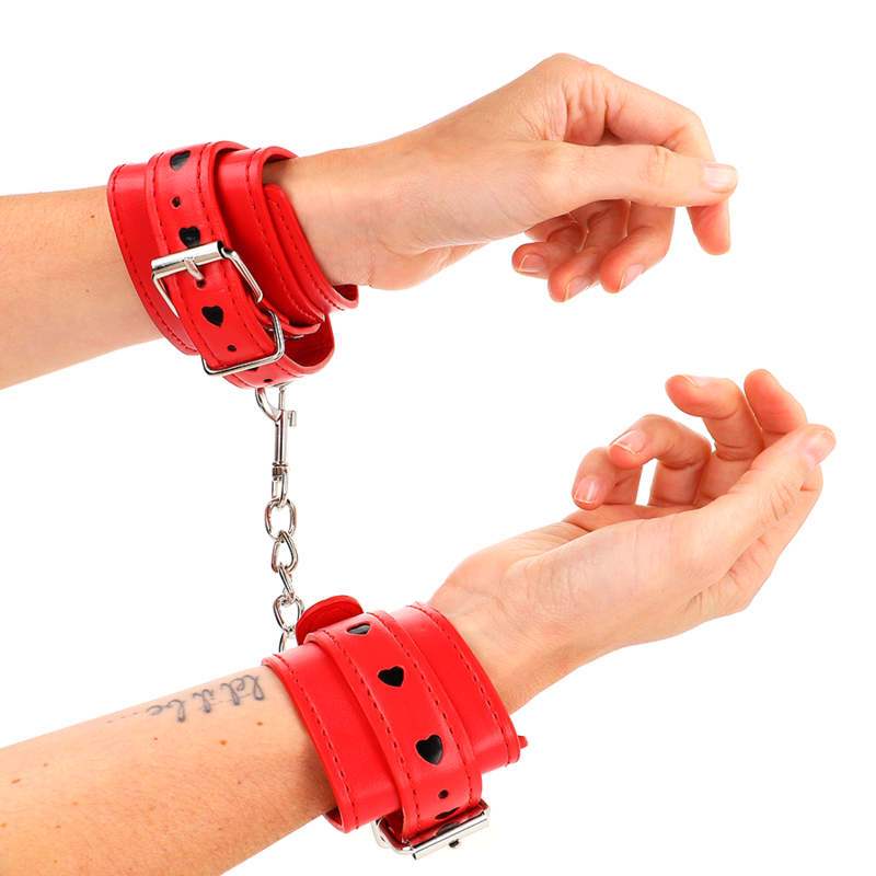 KINK - RED WRIST RESTRAINTS WITH BLACK HEART INLAY ADJUSTABLE 21-28 CM X 5.5 CM - 4