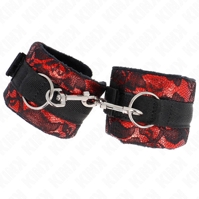 KINK - SHORT VELVET LACE WRIST RESTRAINTS AND NYLON BIND RED / BLACK 23 X 6.5 CM - 2