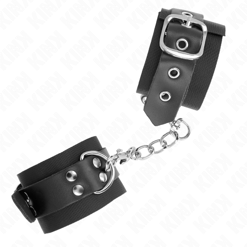 KINK - NYLON WRIST RESTRAINTS BLACK WITH LEATHER BELT BLACK ADJUSTABLE 19-29 CM X 5.1 CM - 2