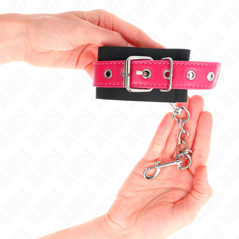KINK - NYLON WRIST RESTRAINTS BLACK WITH LEATHERETTE BELT RASPBERRY ROSE ADJUSTABLE 19-29 CM X 5.1 CM - 3