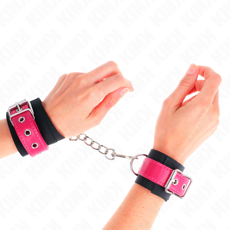 KINK - NYLON WRIST RESTRAINTS BLACK WITH LEATHERETTE BELT RASPBERRY ROSE ADJUSTABLE 19-29 CM X 5.1 CM - 4