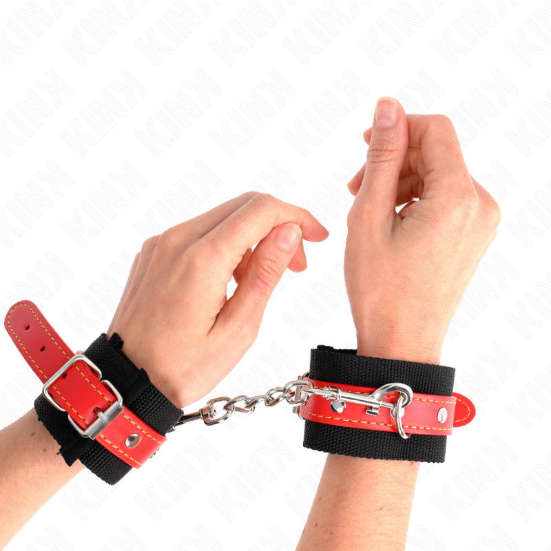 KINK - NYLON WRIST RESTRAINTS BLACK WITH LEATHERETTE RED ADJUSTABLE 19-24 CM X 5.5 CM - 3