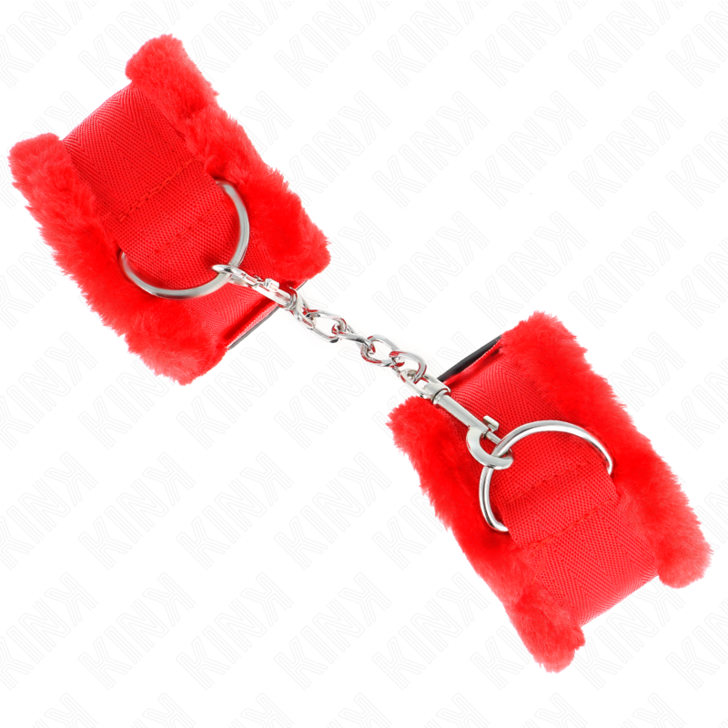 KINK - ATTACHES DE POIGNET DOUBLÉES DE FOURRURE ROUGES RÉGLABLES 17-31 CM X 7 CM