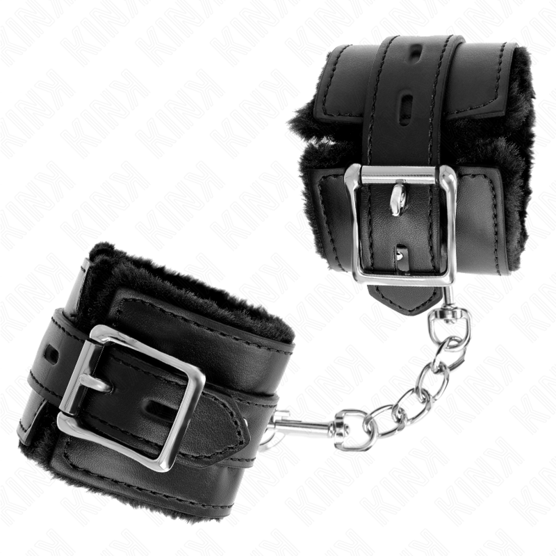 KINK - ATTACHES DE POIGNET DOUBLÉES DE FOURRURE AVEC TROUS CARRÉS NOIRS ET CEINTURE NOIRE RÉGLABLE 17-29 CM X 6 CM